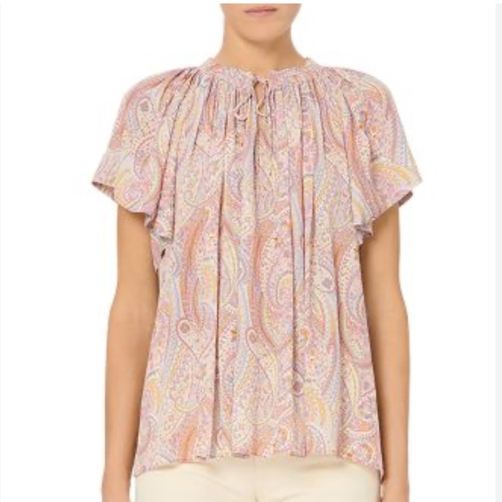 Elie Tahari Pink Praisley Short Sleeve Blouse, Size M, NWT